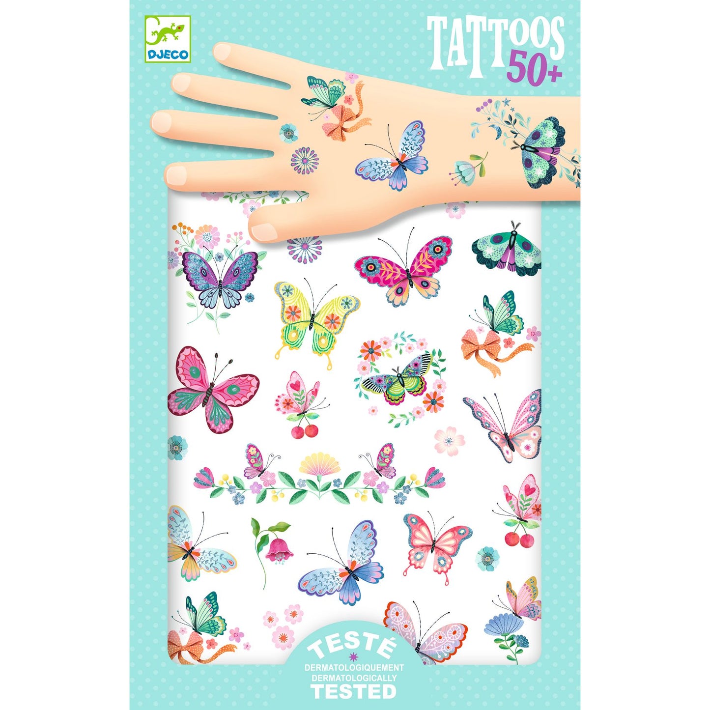 Djeco butterfly tattoos with a hand model on a light blue background-felix & mina