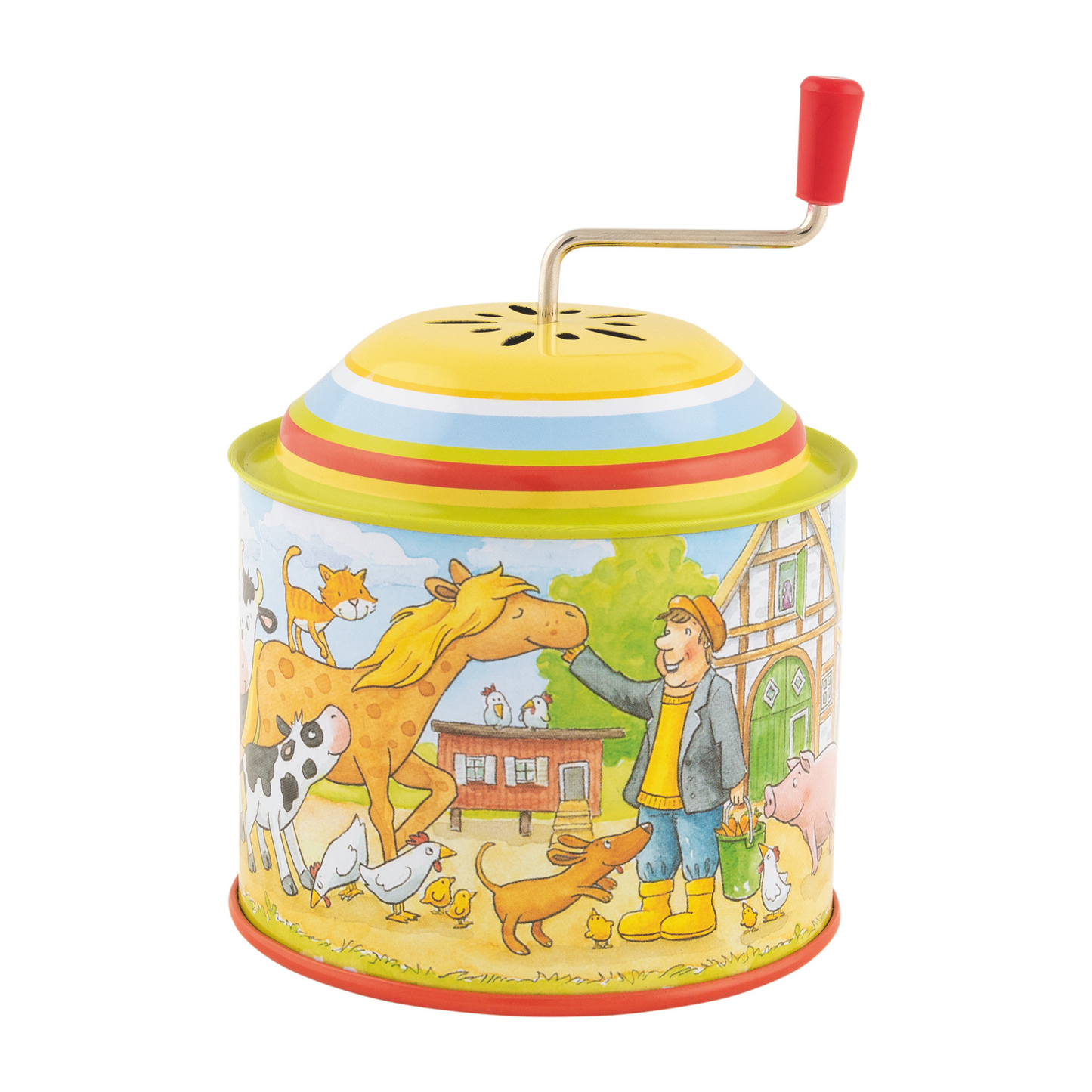 Colorful tin music box with farm scene and character on a white background from goki-felix & mina