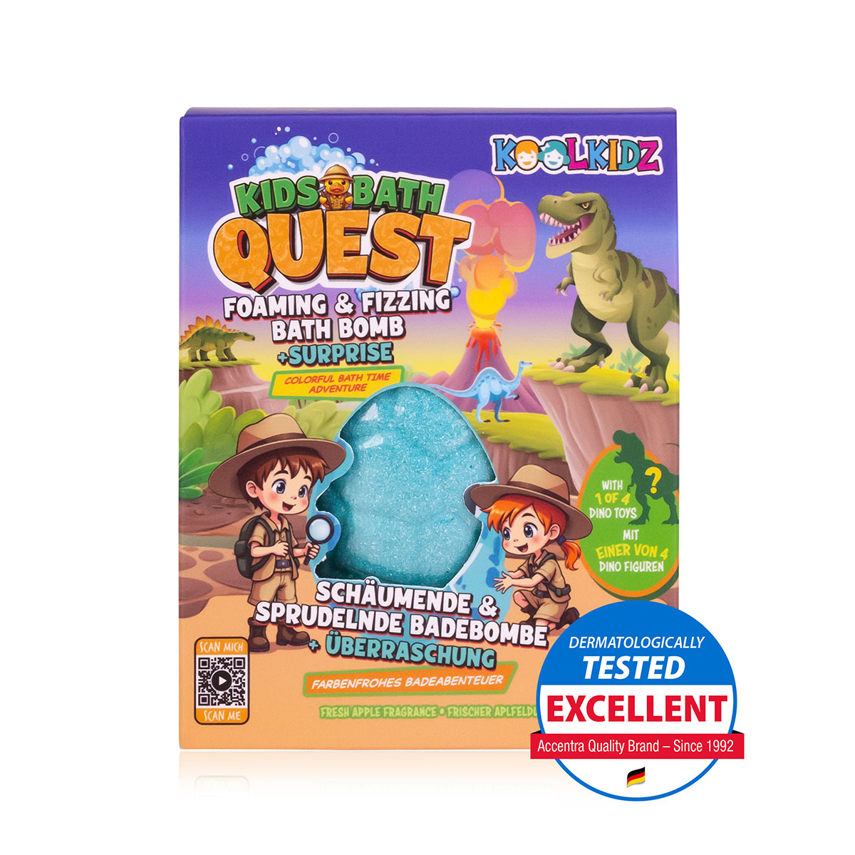 Koolkidz Kids Bath Quest bath bomb packaging with a dinosaur and explorer design on a white background.-felix & mina