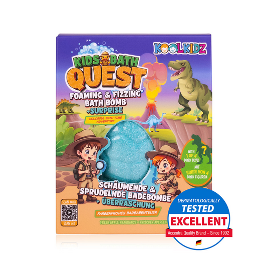Koolkidz Kids Bath Quest bath bomb packaging with a dinosaur and explorer design on a white background.
