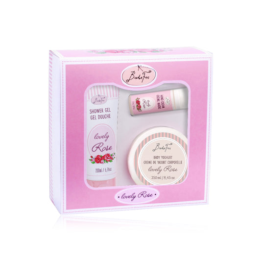 Badefee 'lovely Rose' bath and skincare set in a pink box on a white background