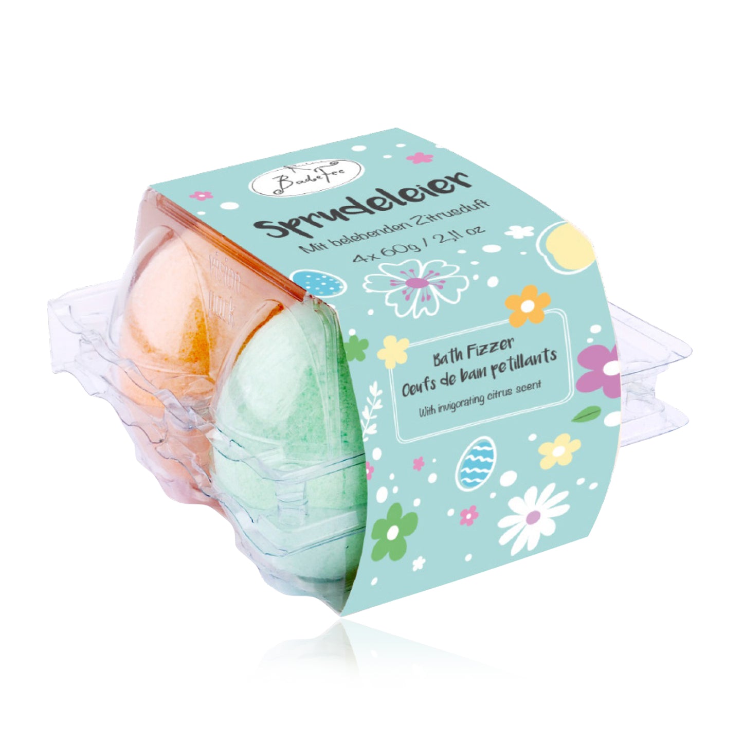 Set of egg-shaped bath fizzlers in a decorative box with floral designs on a white background-felix & mina