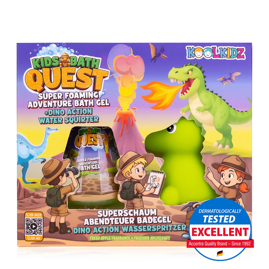 Koolkidz Kids Bath Quest bath gel with dinosaur water squirter.
