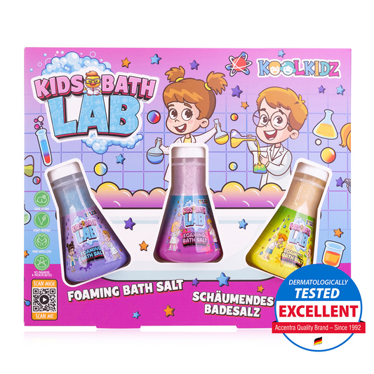 Koolkidz Kids Bath Lab packaging with cartoon characters and foaming bath salts on a colorful background