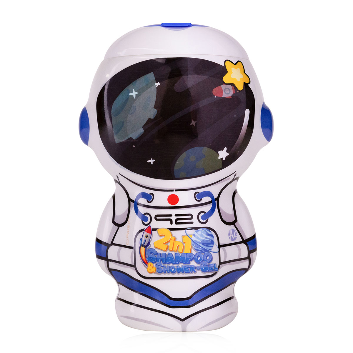 Astronaut-shaped shampoo and shower gel container on a white background
