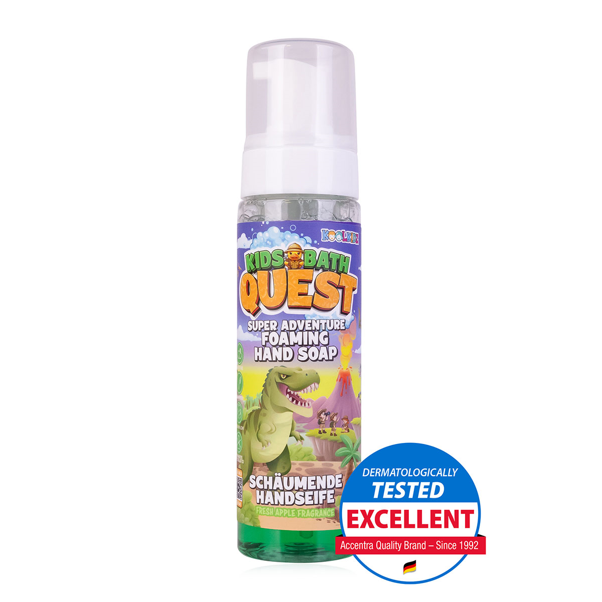 Koolkidz foaming hand soap bottle with colorful label featuring a dinosaur illustration on a white background.