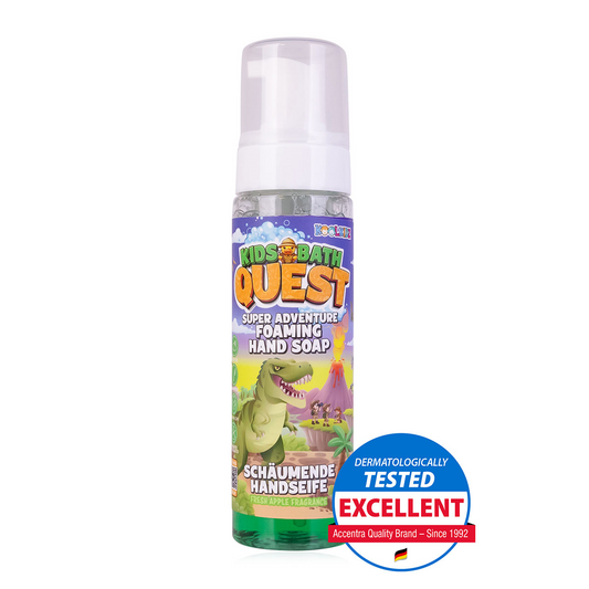 Koolkidz foaming hand soap bottle with colorful label featuring a dinosaur illustration on a white background.