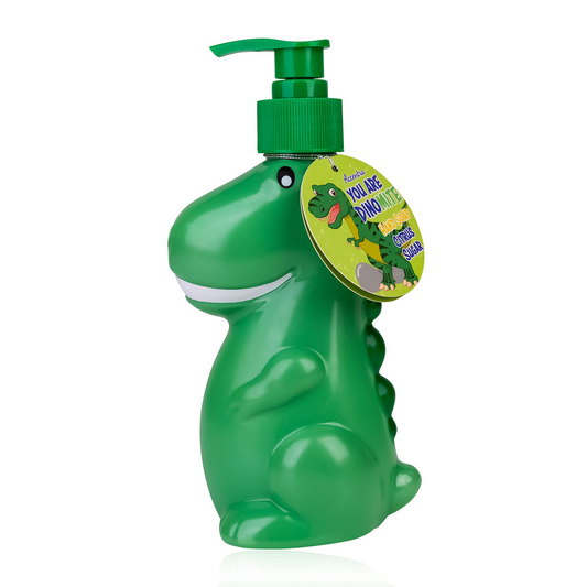 Green dinosaur-shaped hand soap bottle with a pump and tag on a white background