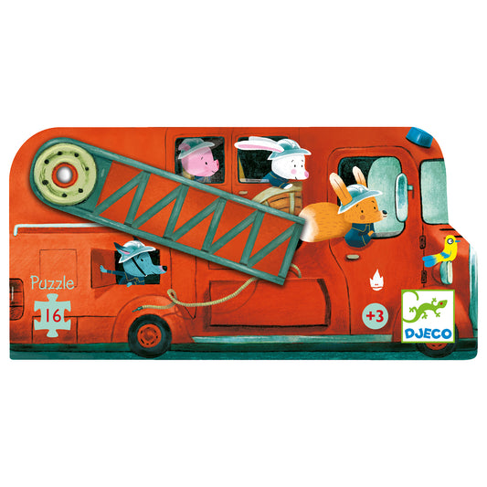 Children's puzzle with a red fire truck and animal characters on a white background by Djeco
