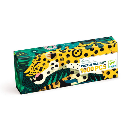 Jigsaw puzzle box with a colorful leopard design on a white background by Djeco