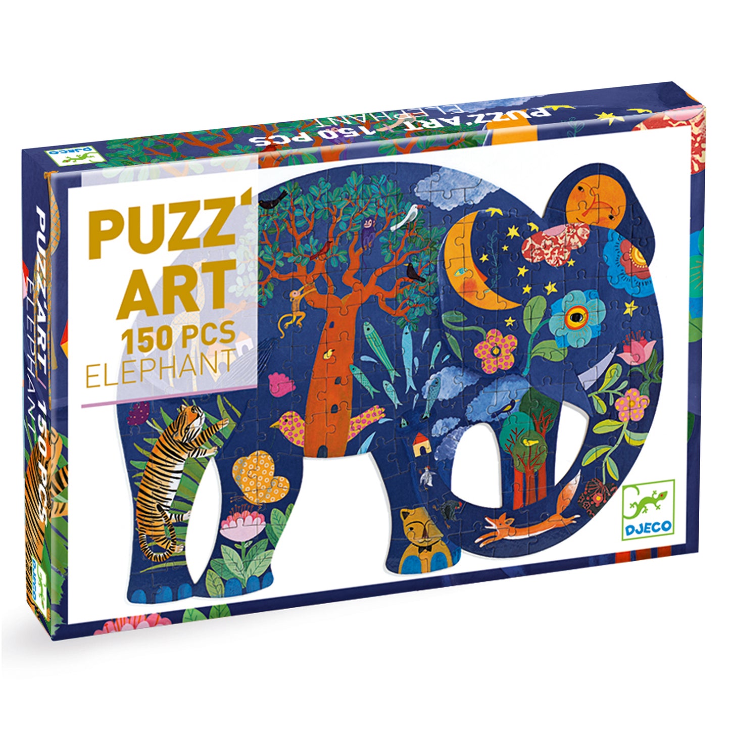 Puzzle packaging with an elephant design and colorful illustrations on a white background by Djeco-felix & mina