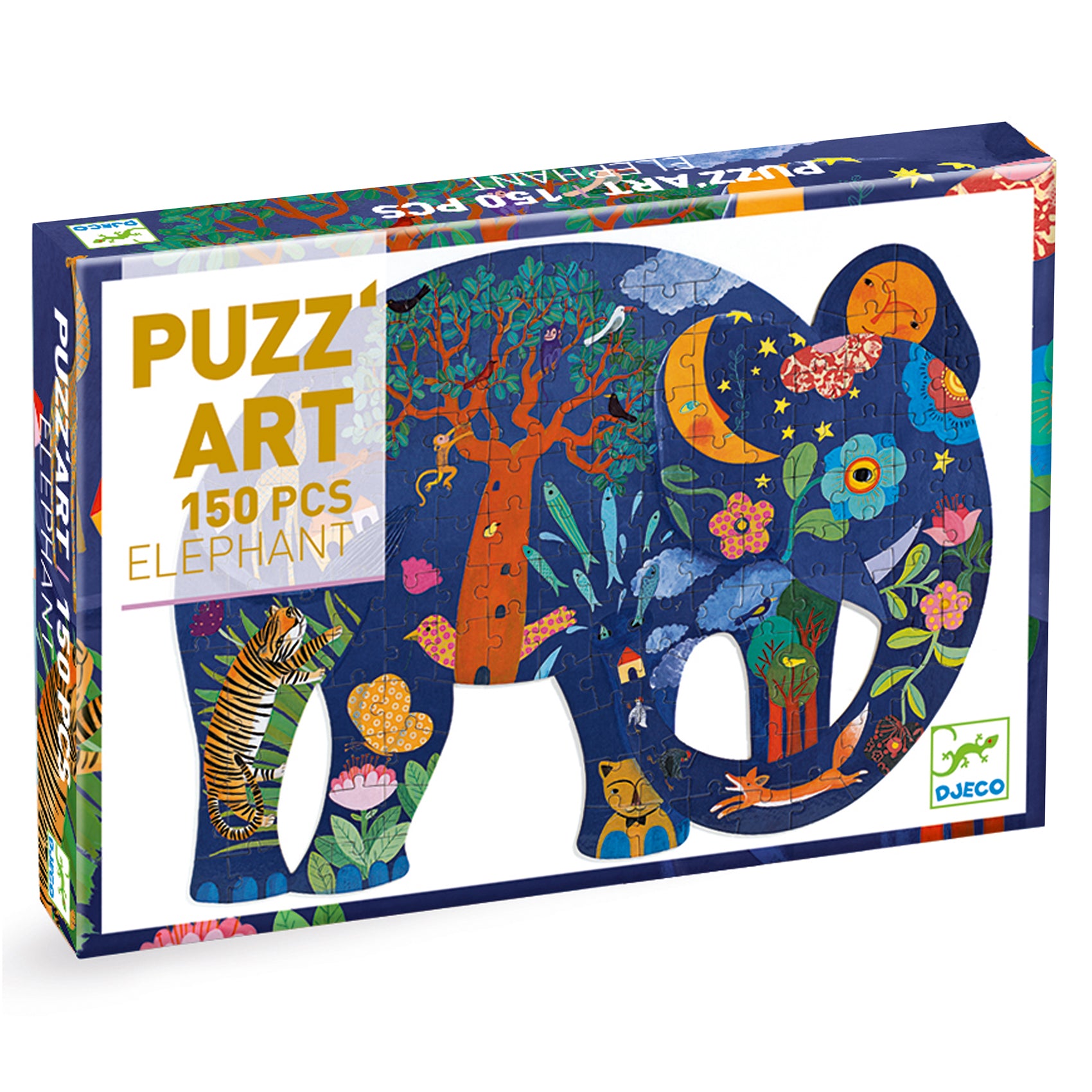 Puzzle packaging with an elephant design and colorful illustrations on a white background by Djeco