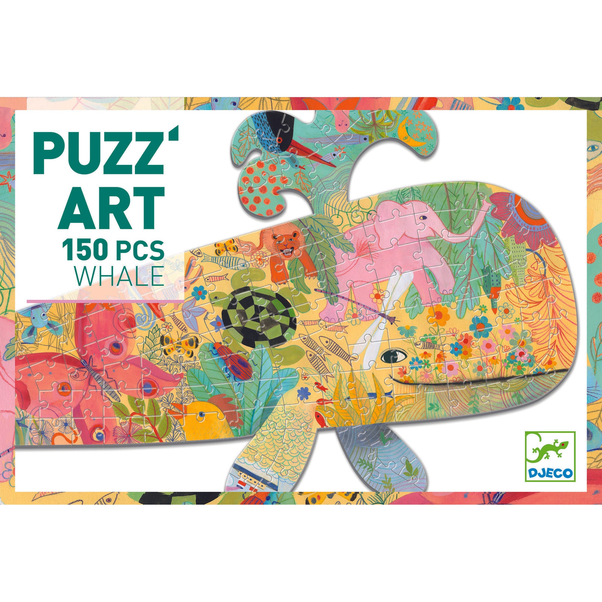 Djeco colorful whale-shaped puzzle with 'PUZZ' ART' branding on a white background