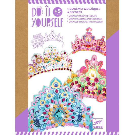Packaging of Djeco mosaic tiaras with 'Do It Yourself' text and colorful tiaras on a white background.