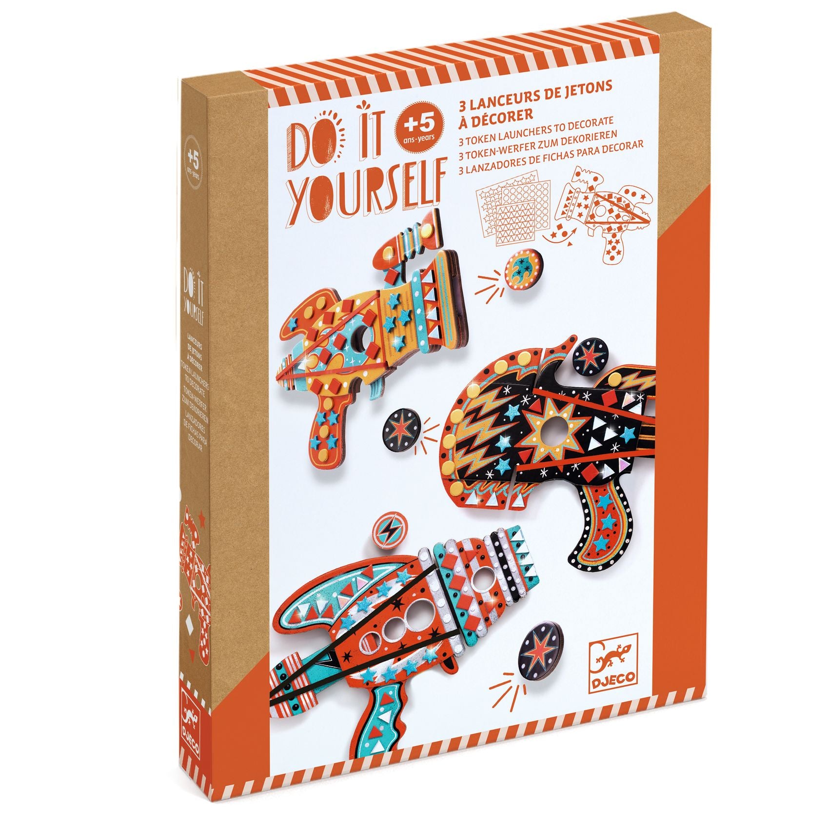 Box of Djeco 'Do It Yourself' craft kit with decorative gun designs on a white background