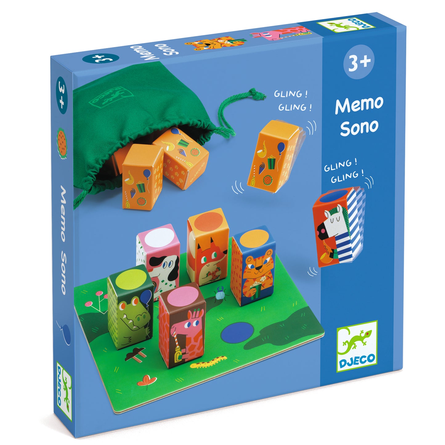 Box of Memo Sono game by Djeco with colorful dice and green drawstring bag on a white background-felix & mina