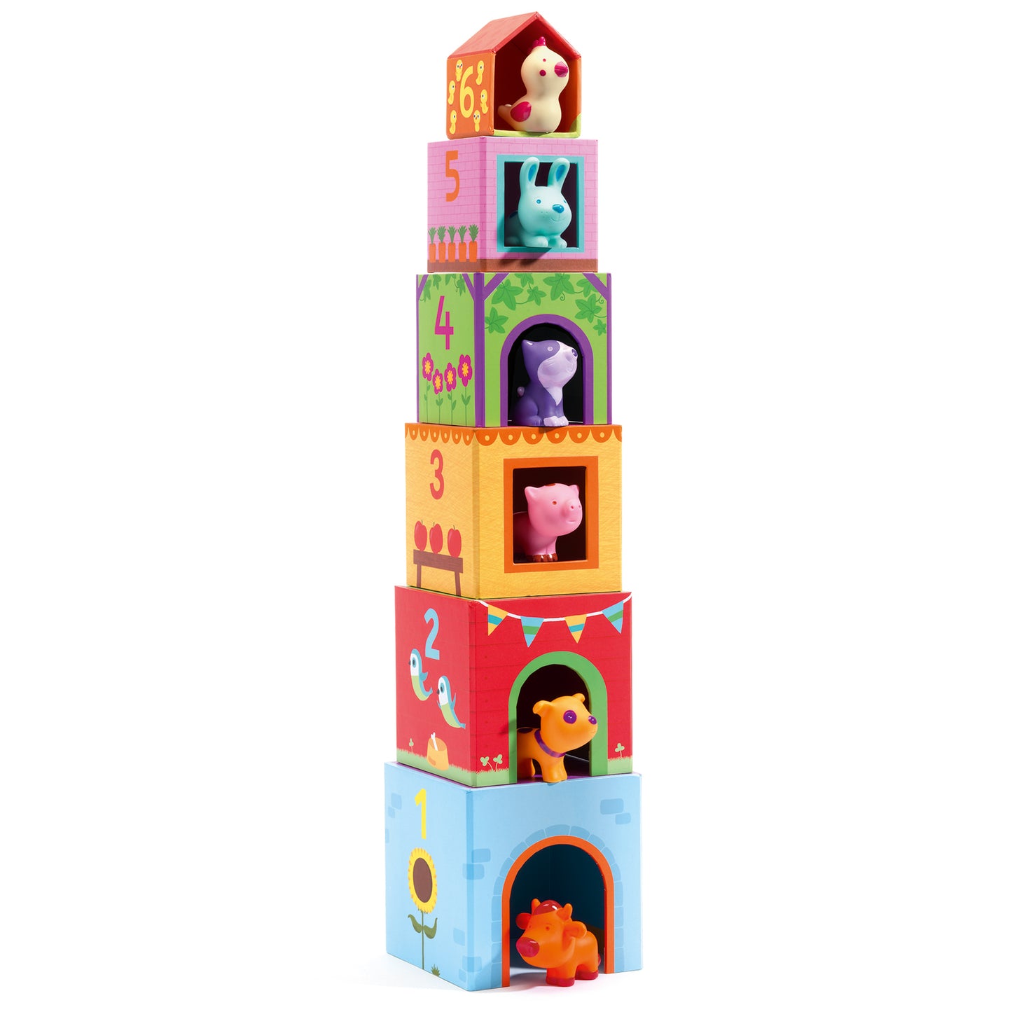 Stack of colorful children's building blocks with animal figures on a white background-felix & mina