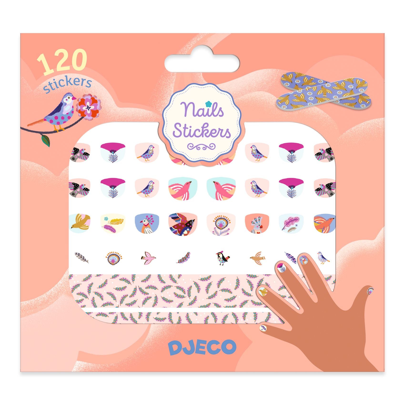 Pack of nail stickers with colorful designs on a pink background, featuring the Djeco brand.