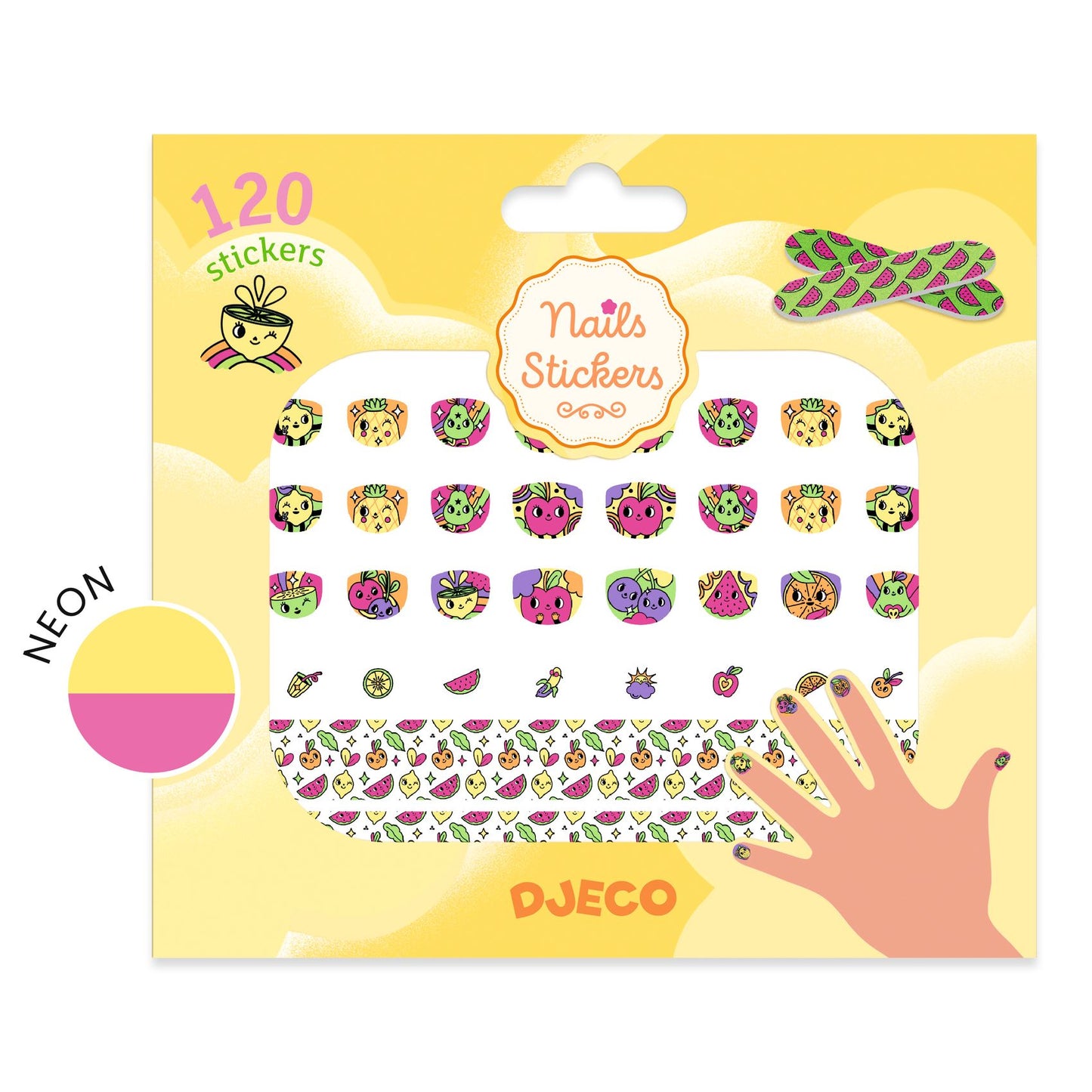 Packaging of DJECO nail stickers with colorful designs on a yellow background-felix & mina