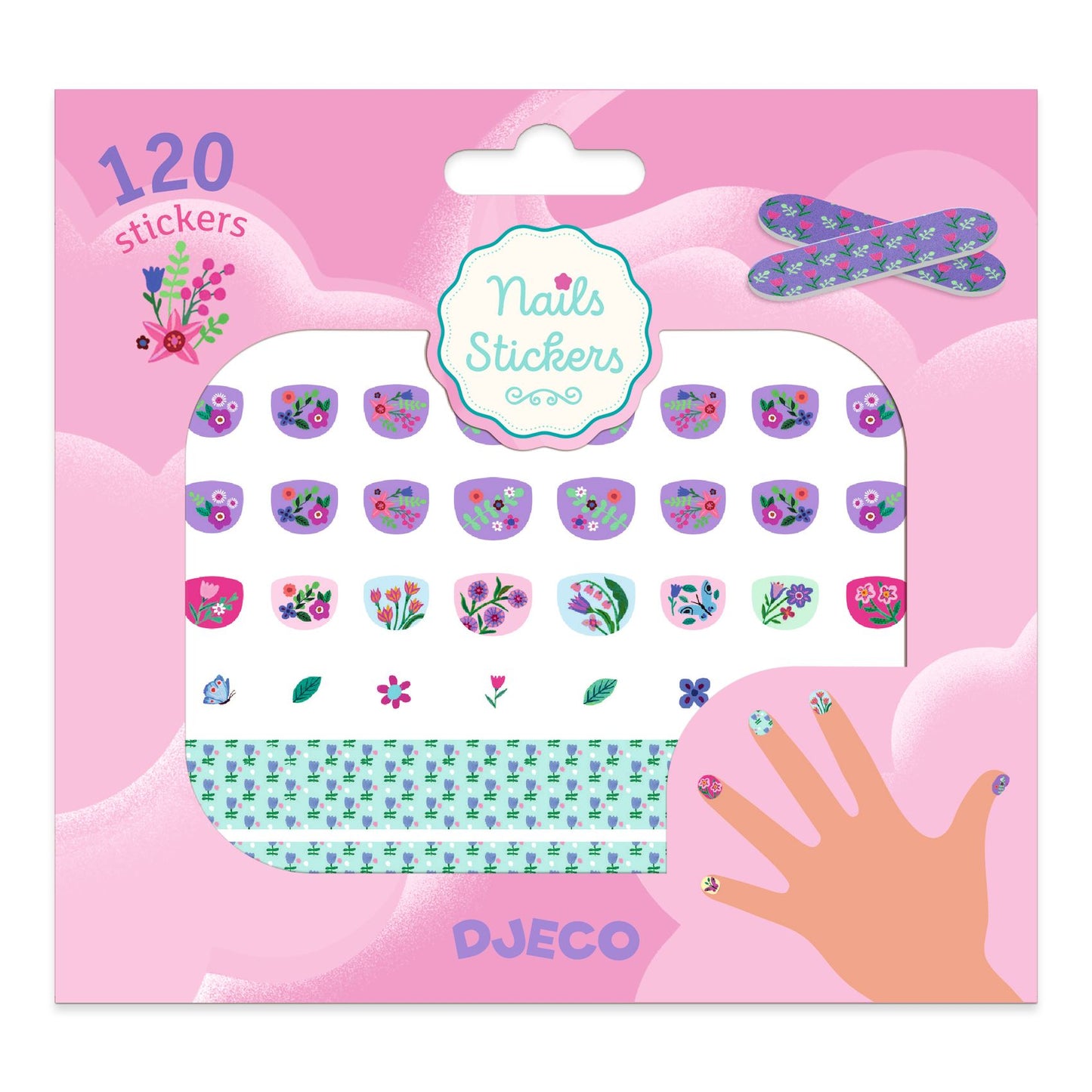 Packaging of DJECO nail stickers with floral designs on a pink background-felix & mina