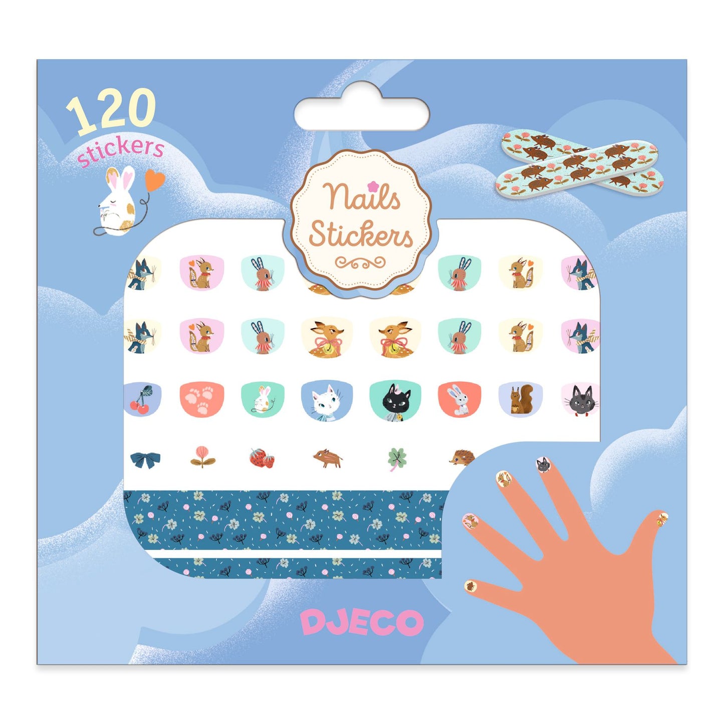 Djeco pack of nail stickers with a hand model showing application on nails-felix & mina