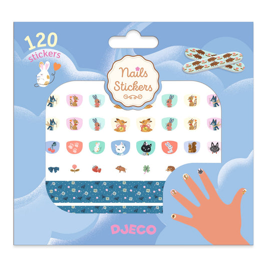 Djeco pack of nail stickers with a hand model showing application on nails