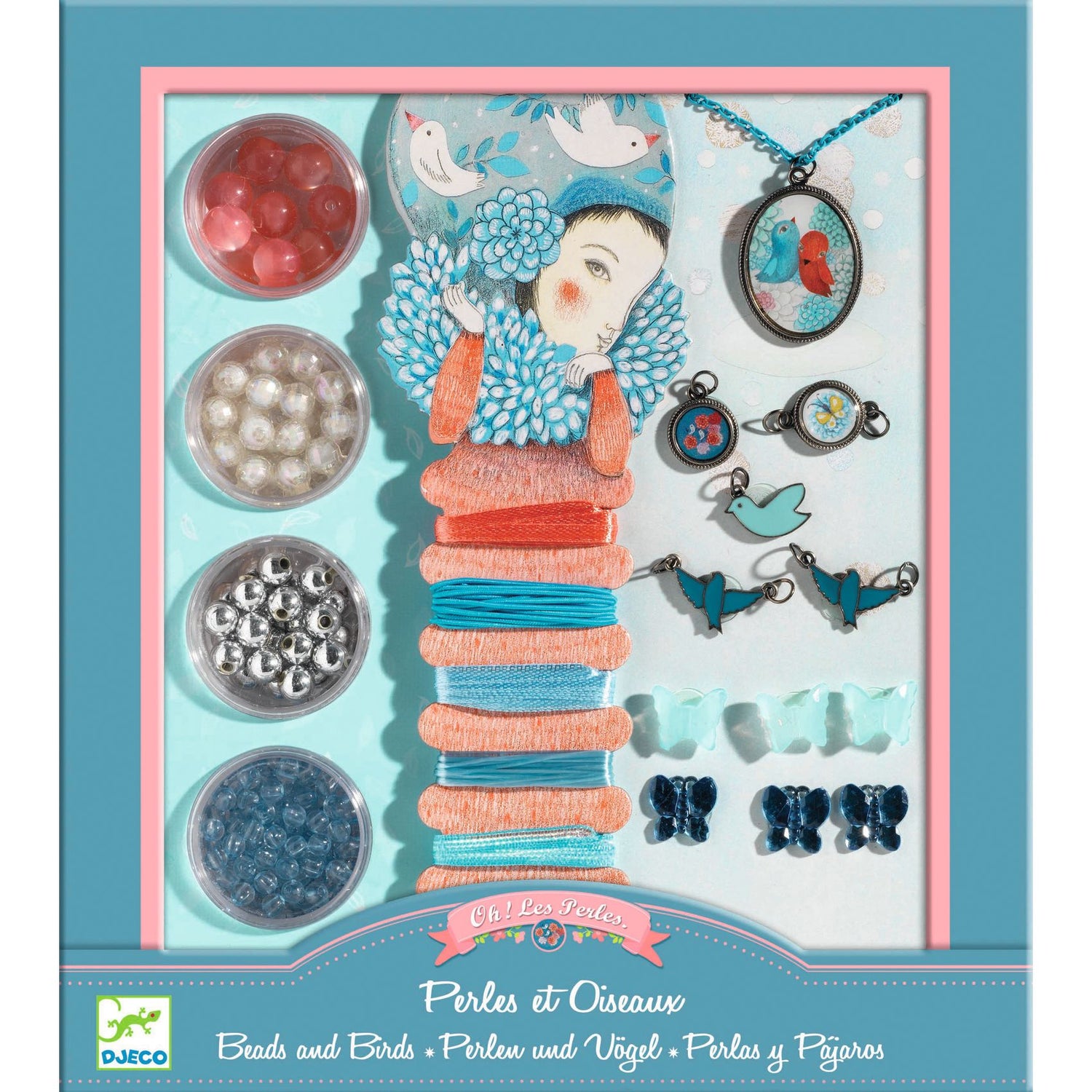 Djeco Jewelry-making kit with beads, ribbons, and charms on a blue background