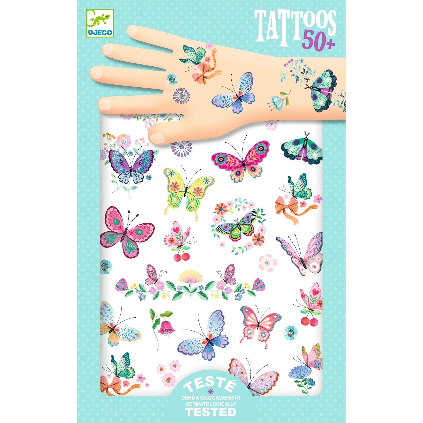 Djeco butterfly tattoos with a hand model on a light blue background