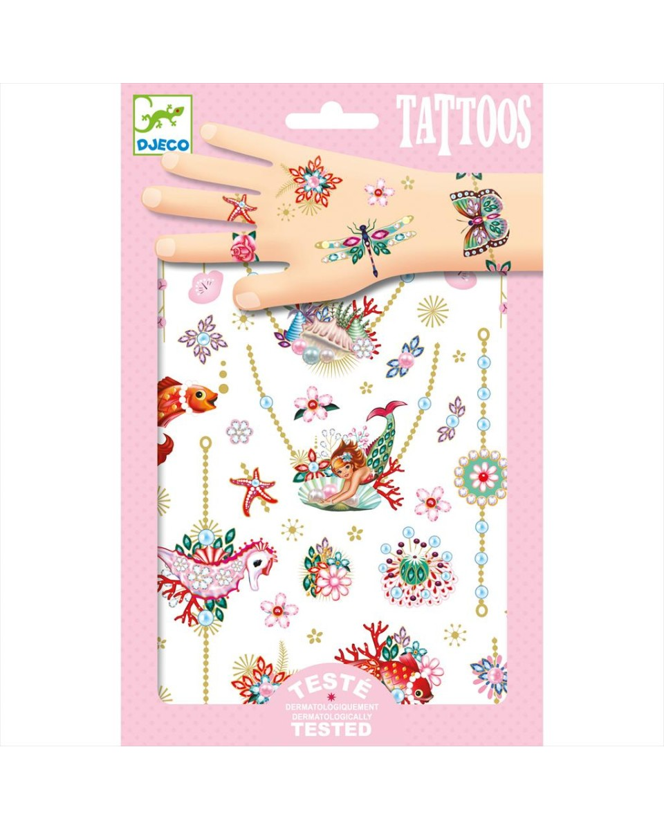 Packaged temporary tattoos with mermaid and fantasy designs on a pink background, featuring the Djeco brand.