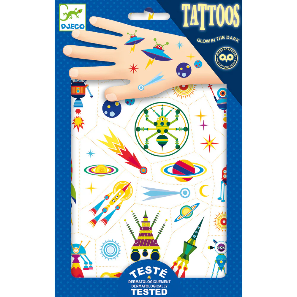 Packaged space-themed tattoos with glow-in-the-dark feature, brand 'DJECO' visible.-felix & mina