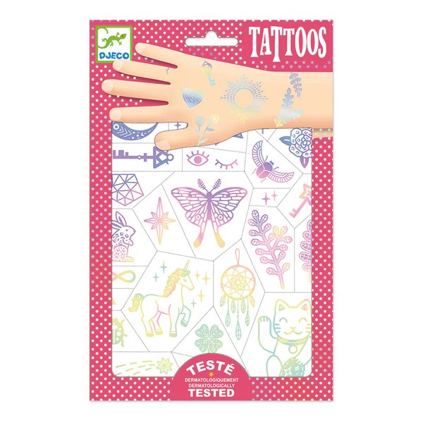 Packaged temporary tattoos with various designs on a pink background, featuring the brand 'Djeco'.