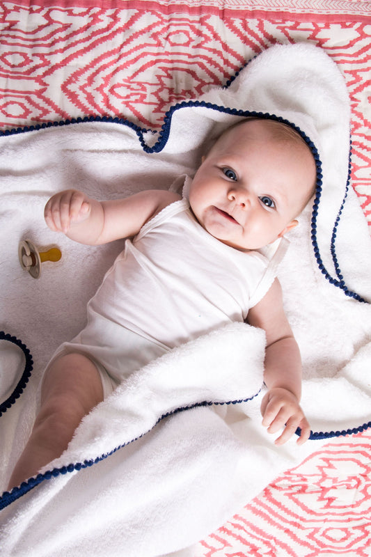 Malabar Baby Bamboo Cotton Hooded Towel - POM POM blue