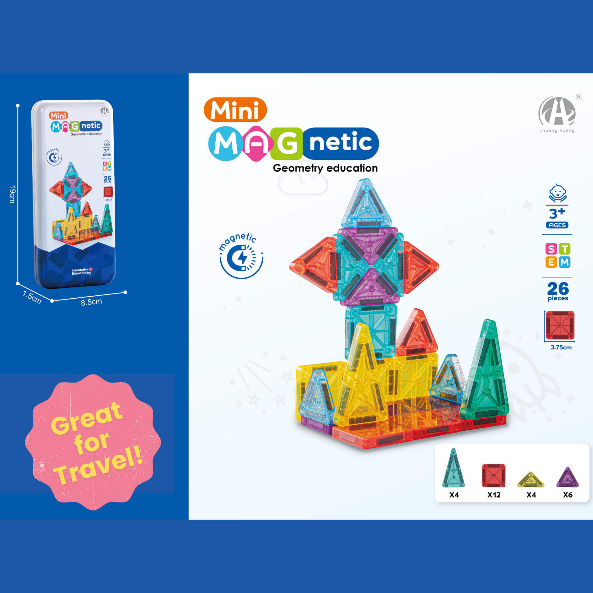 Mini magnetic building tiles set with a tin box on a blue background