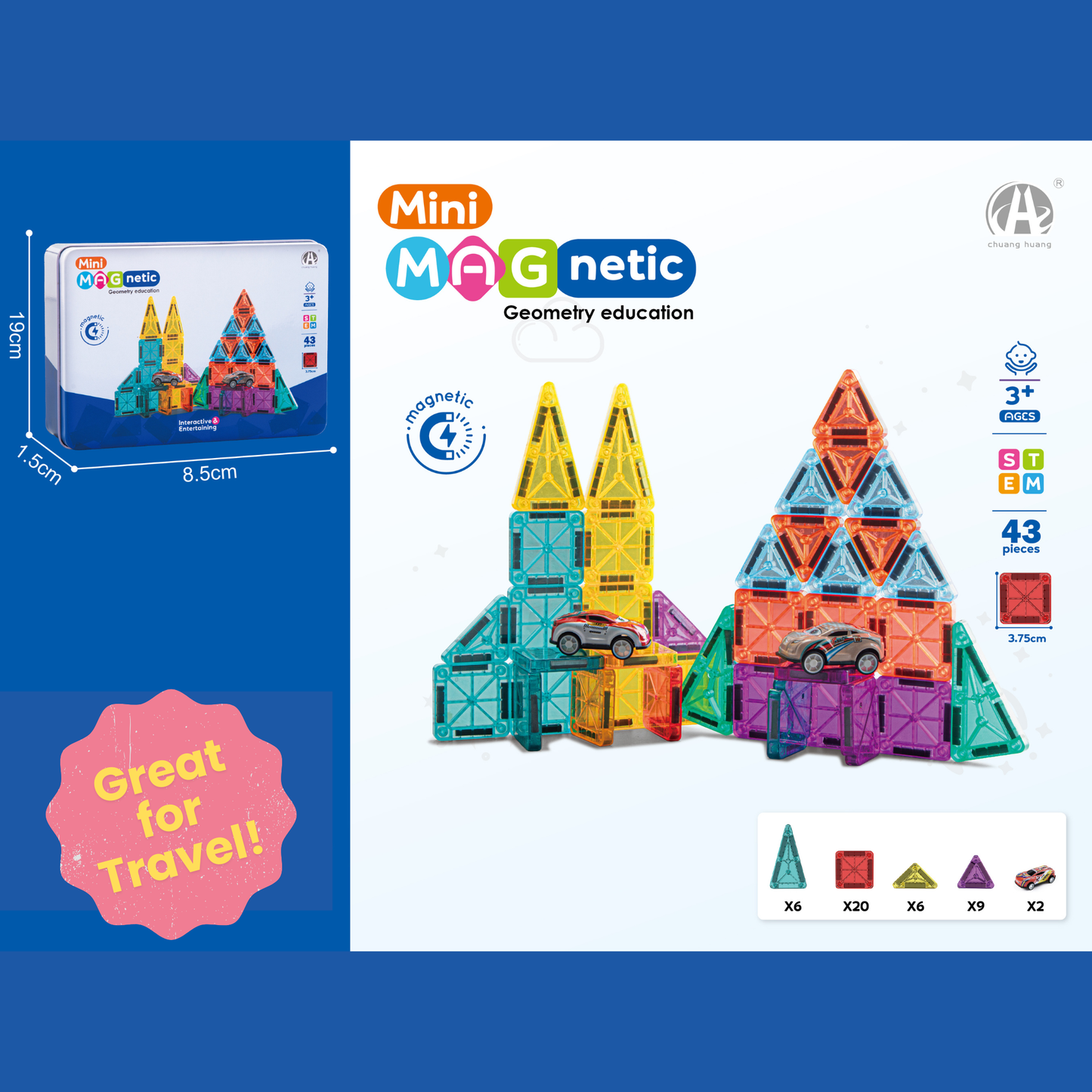 Mini magnetic tiles set with tin box and cars on a blue and white background-felix & mina