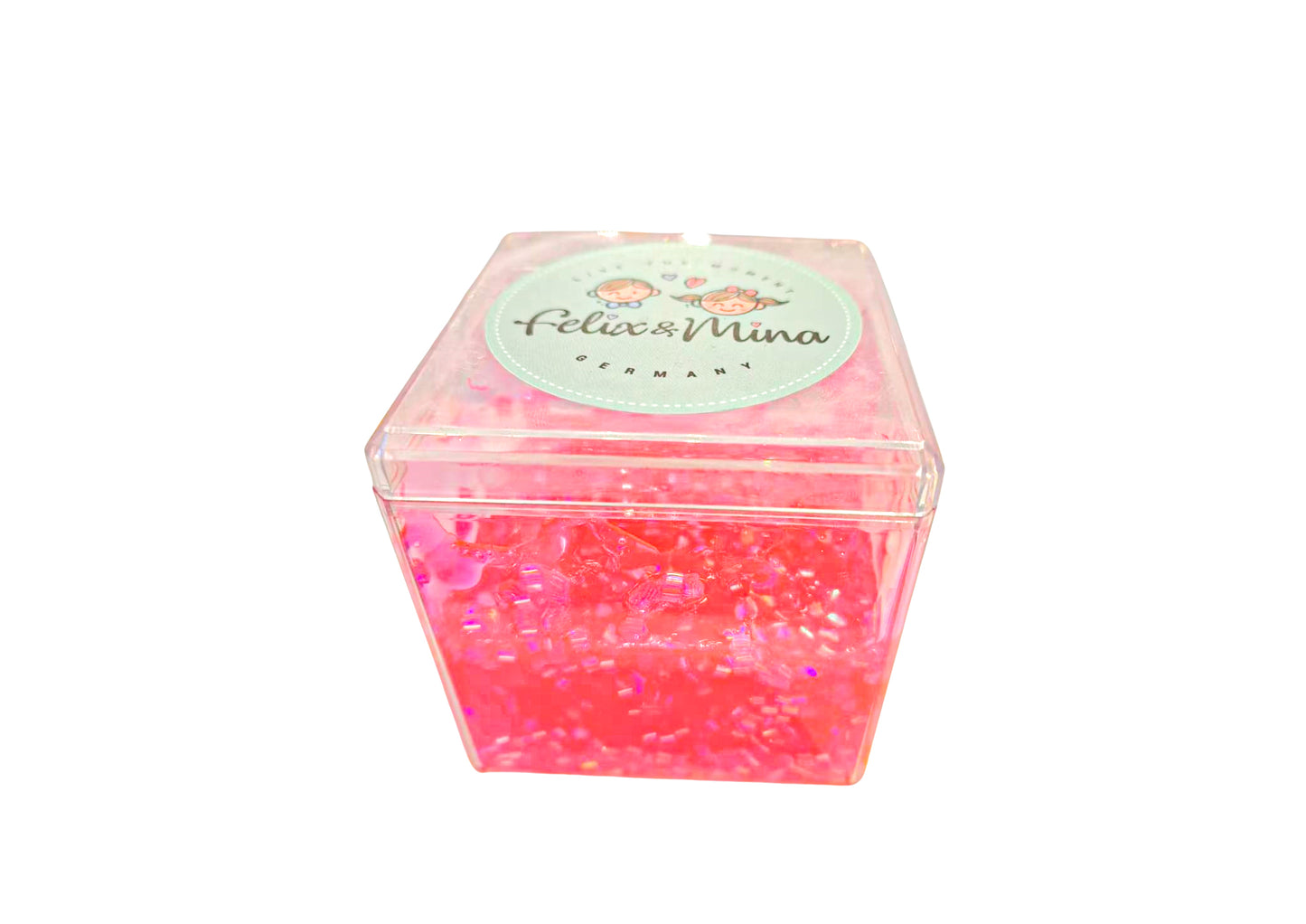 Pink slime glittery cube with a felix and mina label on a white background-felix & mina