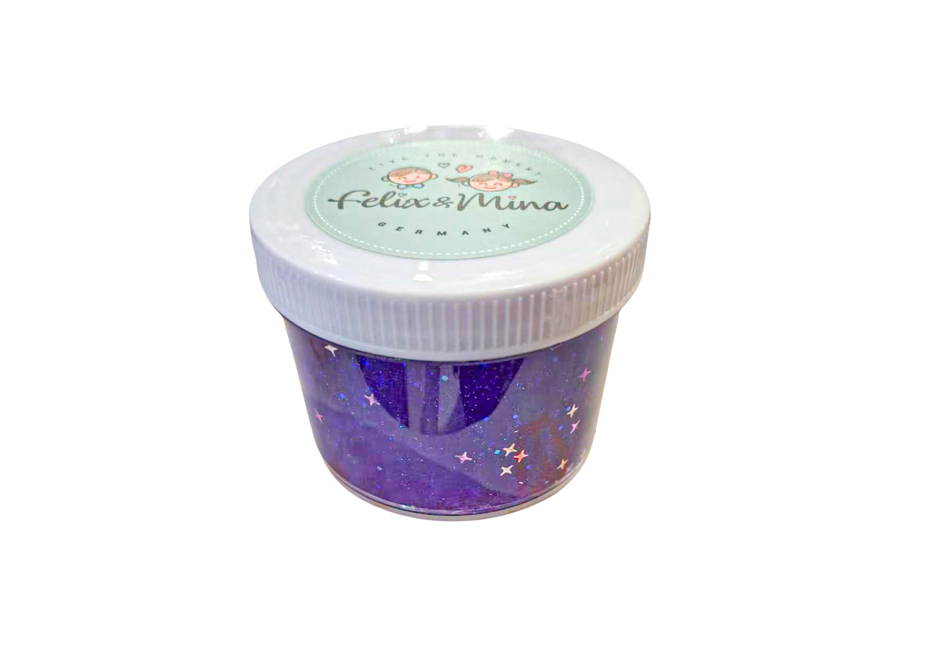 Purple slime tub with glitter and a white lid featuring 'Felix & Mina' branding on a white background.