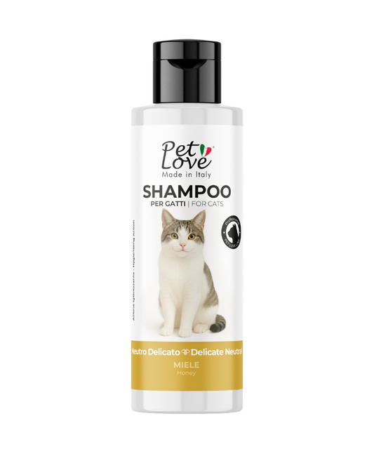Pet shampoo bottle for cats with a cat illustration on a white background