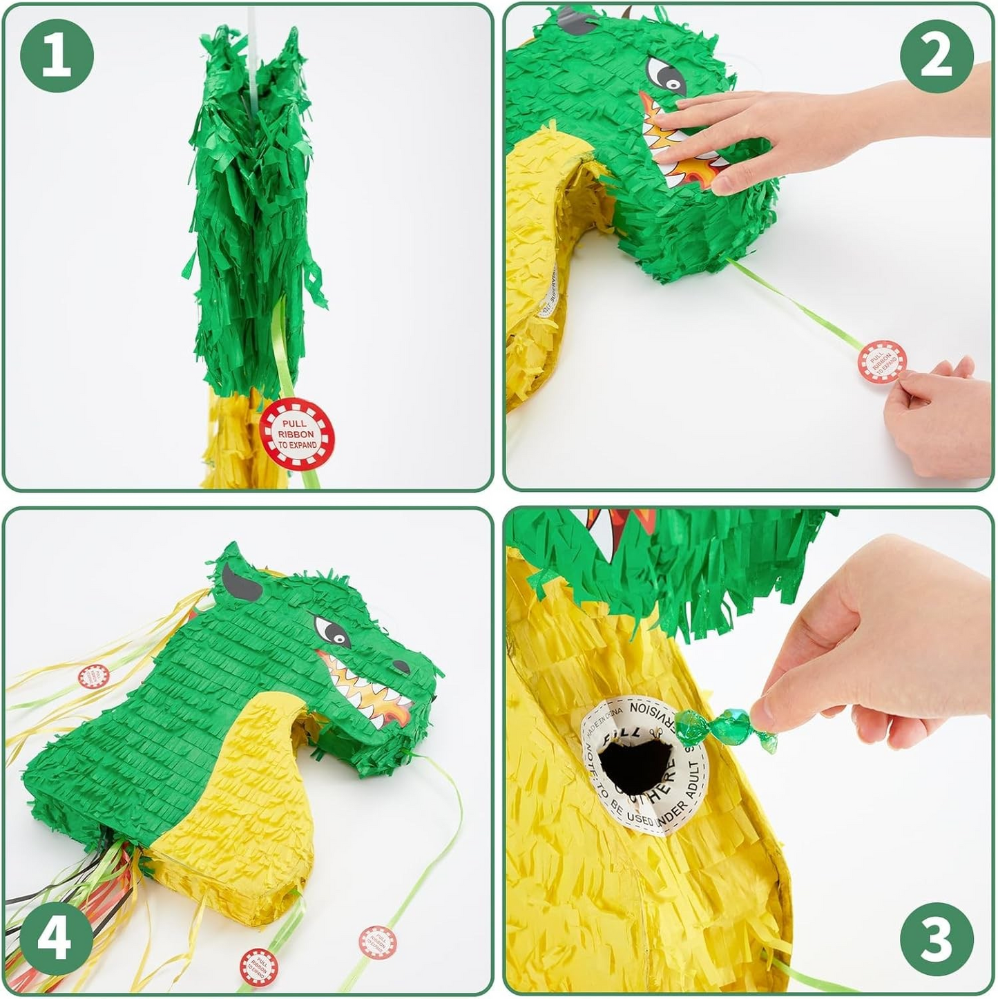 Piñata Green Dragon with stick and mask (filling included)-felix & mina