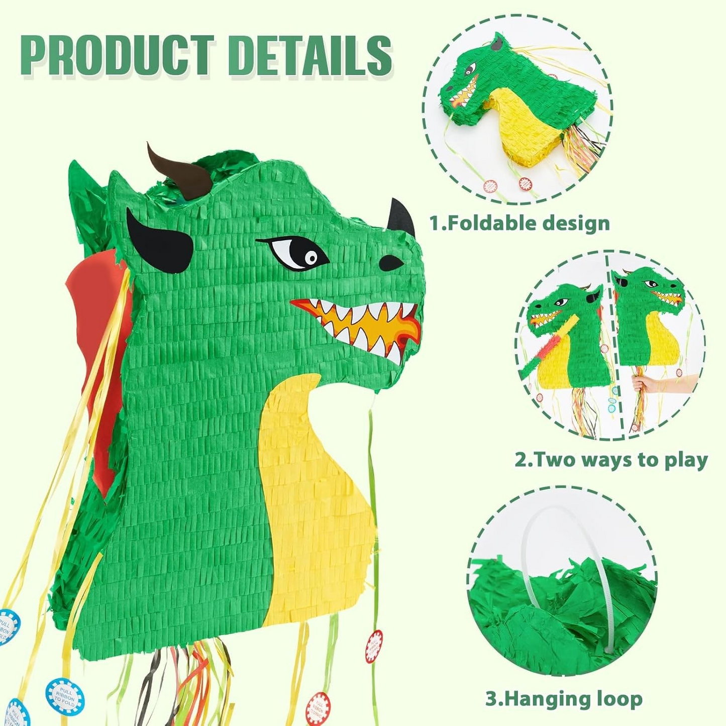 Piñata Green Dragon with stick and mask (filling included)-felix & mina