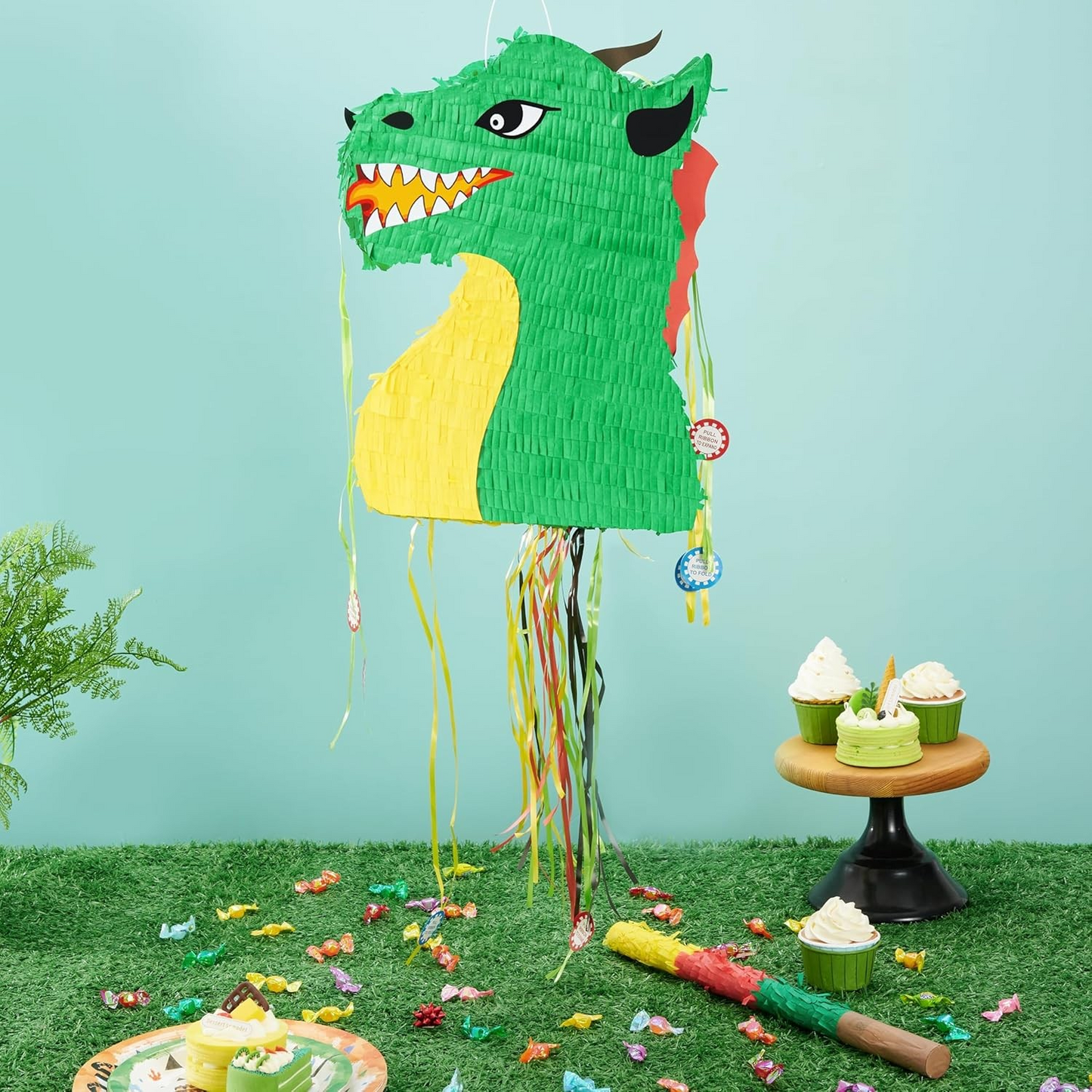 Piñata Green Dragon with stick and mask (filling included)-felix & mina