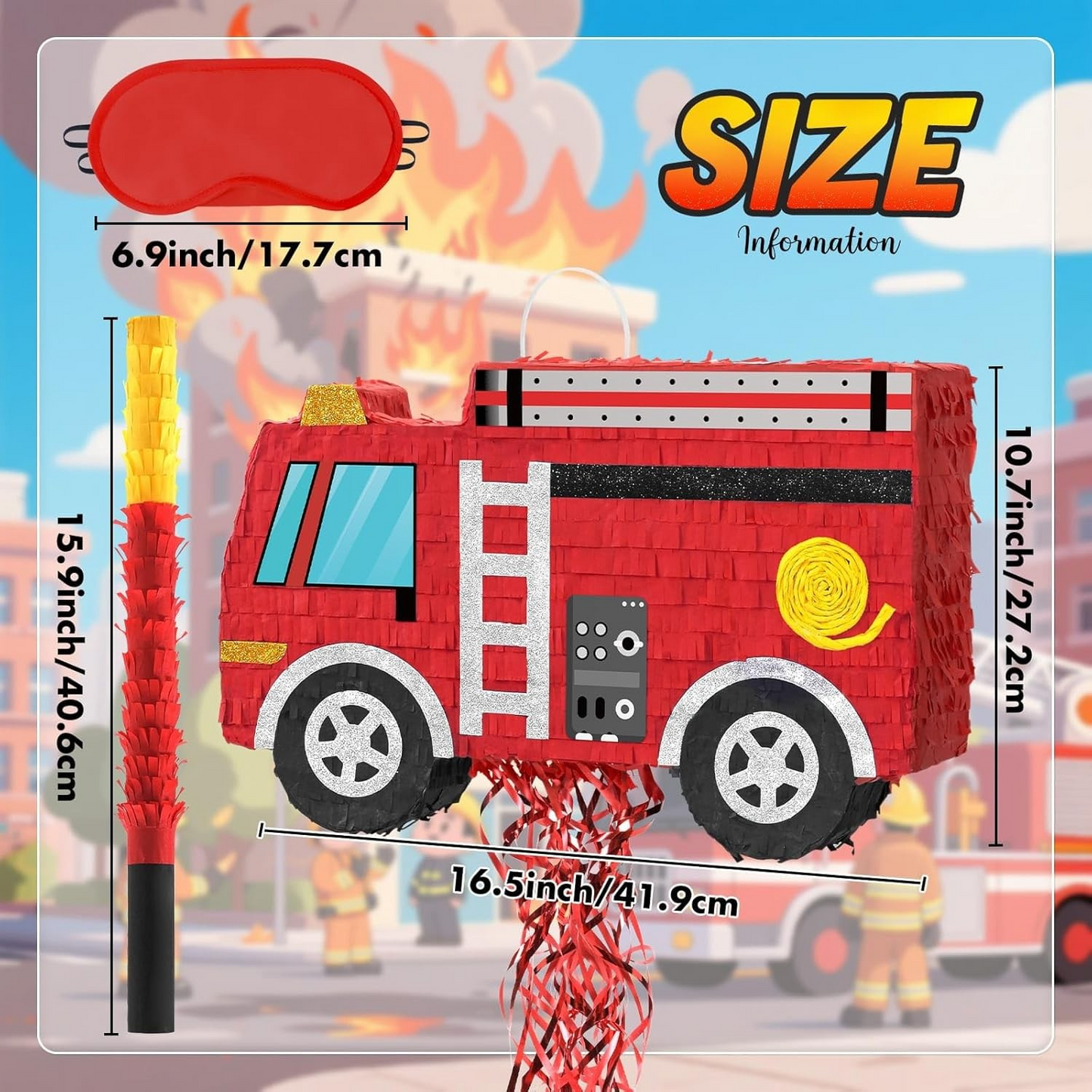 Piñata Firetruck with stick and mask (filling included)-felix & mina