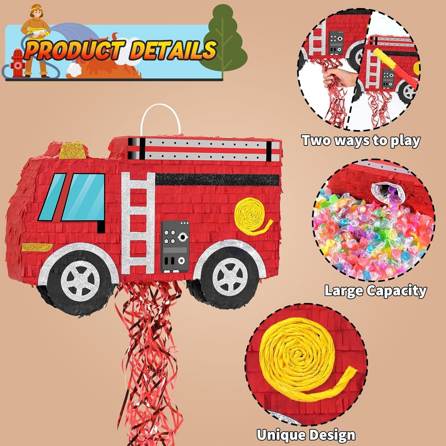 Piñata Firetruck with stick and mask (filling included)-felix & mina