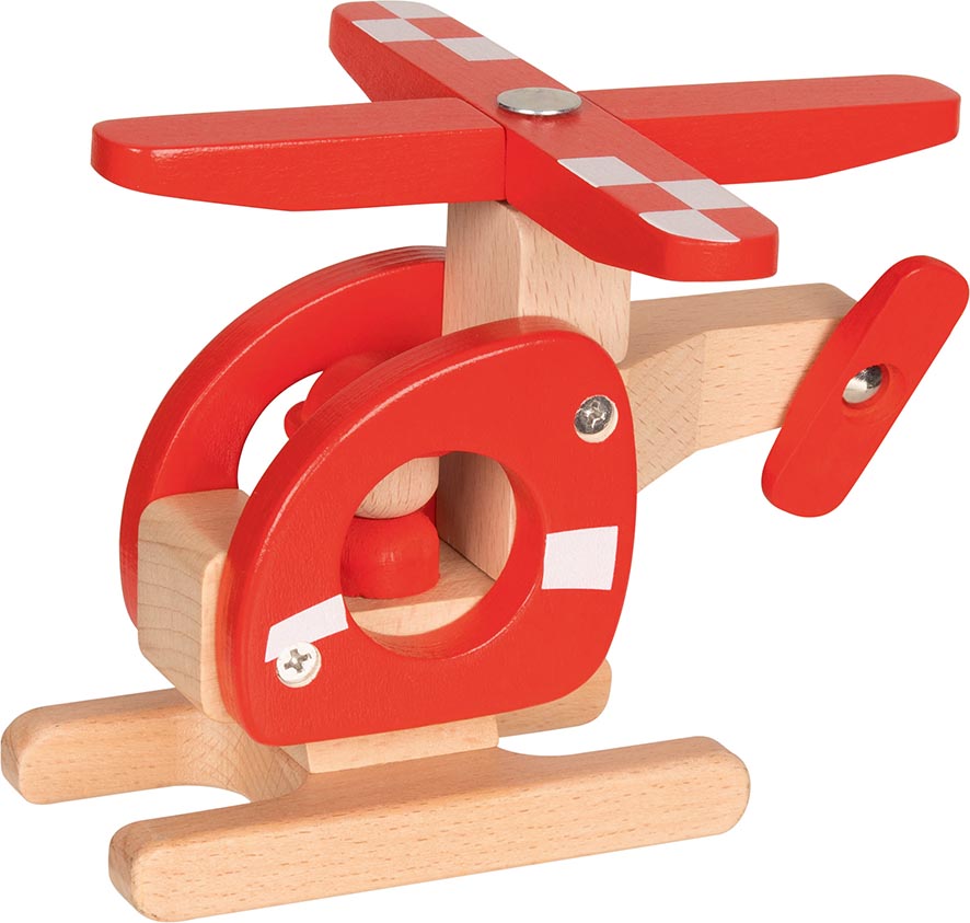 goki wooden toy helicopter with red rotor blades on a white background-felix & mina